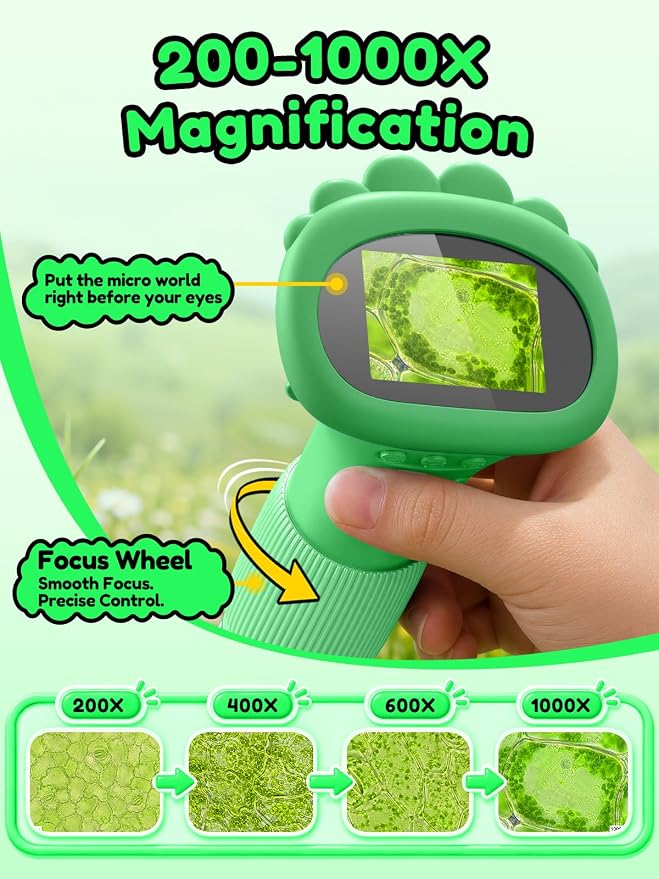 Acoath Microscope for Kids, 1000X Handheld Digital Miniscope with 2.0" Screen, Portable Pocket Microscope Education Toys Birthday Gifts for Age 3 4 5 6 7 8 9 10 Girls Boys-Green
