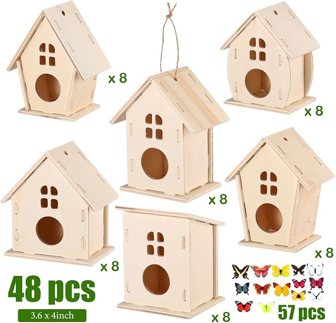 Sawysine 107 DIY Birdhouse Kits, Wooden Bird House Round Entrance | 48 Wooden Bird House Kits in 6 Shapes and 57 Butterfly Sticker for Children Fall Craft Activity Art DIY Project