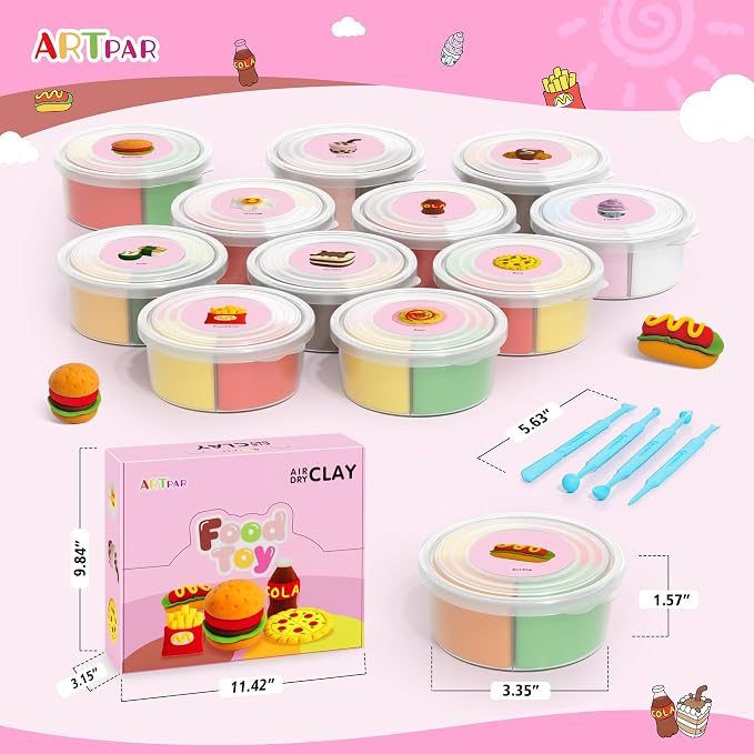 ARTPAR Air Dry Clay for Kids,12 Mini Food Modeling Magic Clay Sculpting Kit | Safe Non-Sticky,Ultra Light & Soft,Arts & Crafts Fun Playset Kitchen Toys,Home Party Favors for Boys Girls 3+ Years