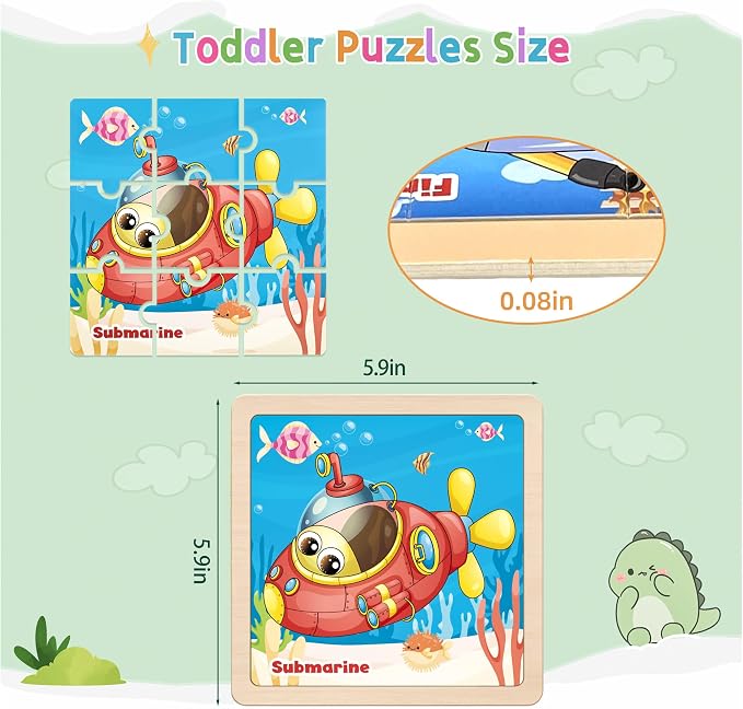 Wooden Vehicle Puzzles for Toddlers, 8 Pack 9 PCS Jigsaw Puzzles for Kids | Wooden Puzzles for Toddlers 3-5, Vehicle Puzzles for Kids 3-5, Preschool Puzzles Learning Educational Sets Toys
