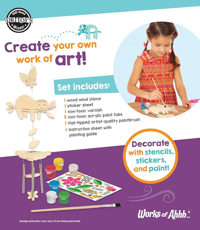 Sloth Wind Chime Craft Kit - Classic Wood Paint Set for Kids, Includes Real Wood, Paints & Instructions