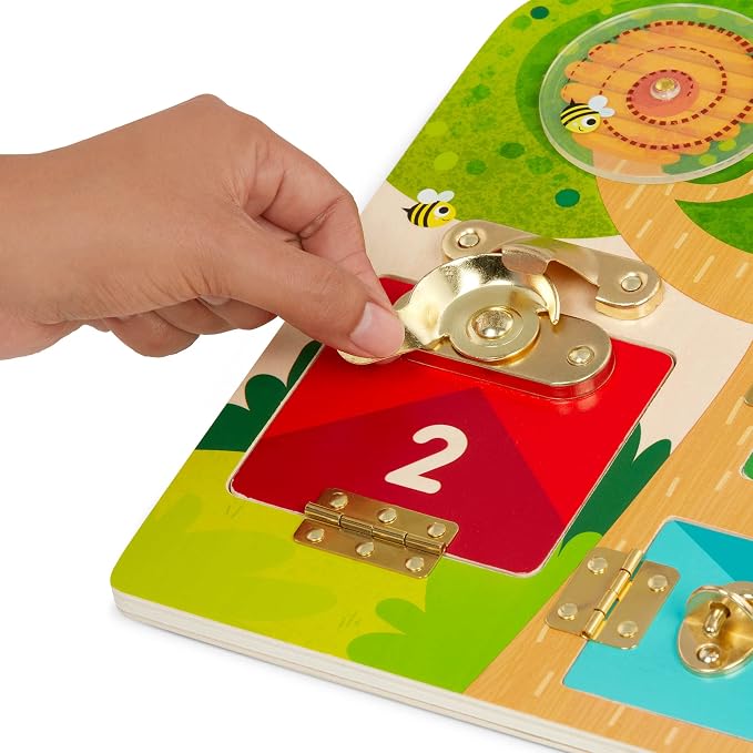 Battat Education – Wooden Latches Board Sensory Activity Toy for Toddlers, Montessori Doors and Locks Busy Board for Fine Motor Skills Development, Educational Toys for 3+ Years | Knock-Knock, Who's Inside? with 5 numbered doors, 2 spinning panels, and...