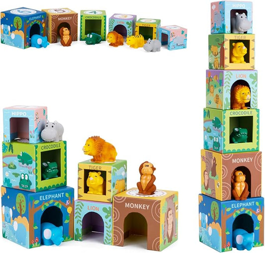 Sorting and Stacking Toys Blocks for Toddler Gifts 1-3, Soft Safari Animal | Bath Toys Age 2-4, Numbers Nesting Stackable Toys for Baby 12-18 Months, Montessori Toys Gifts for 1 2 3 Year Old Boys Girls