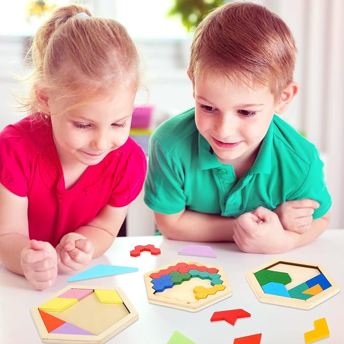 Jerify 5 Pack Wooden Tangram Puzzle for Kids, Brain Teaser Puzzles | Wooden Hexagon Puzzle Block Teaser, Pattern Blocks, Tangram Puzzle, Geometric Shapes Tangram Games, Boys Girls Toddler 1-3
