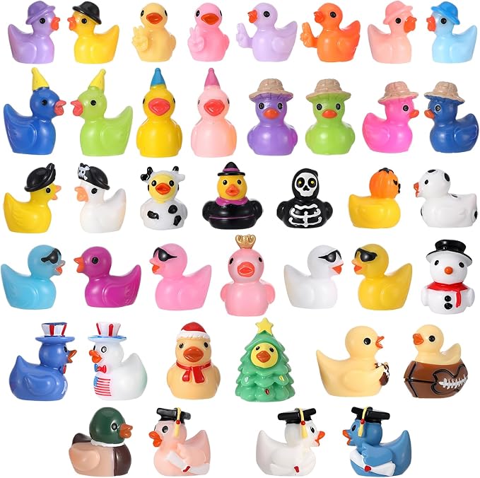 40 Pack Multicolor Mini Resin Ducks, Novelty Holiday Ducks | Tiny Ducks to Hide, Little Ducks Party Favor for Birthday, Graduation, Independence Day, Halloween, Christmas (40 Styles)