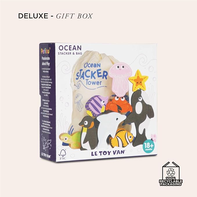 Le Toy Van Under the Sea Ocean Animals Stacking Toy and Bag | Sustainable Wooden Balancing Toy, Sea Animal Characters for Toddlers, Suitable for 18 Months and Up