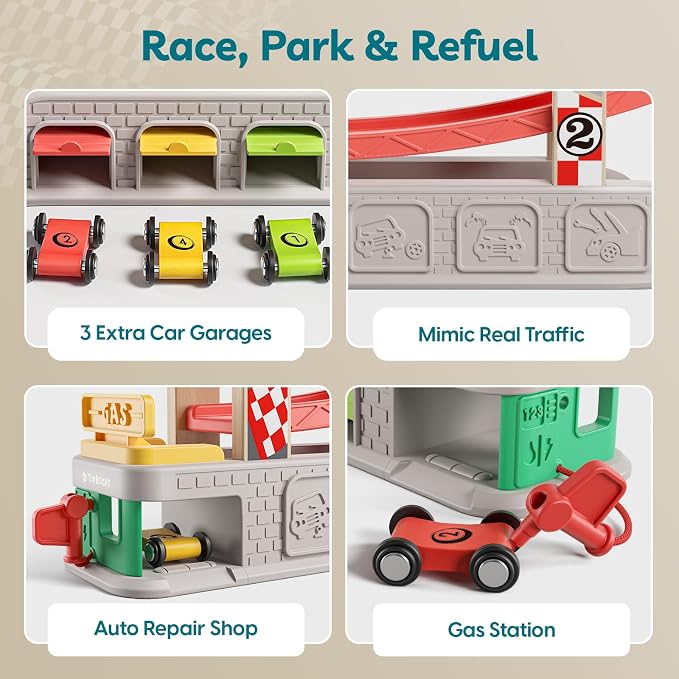TOP BRIGHT Car Ramp Toys, Race Track Car Toy for Toddler Age 2-4 Boy | Includes 4 Cars & Parking Lot & Gas Station, Toddler Birthday Gift for Boys and Girls