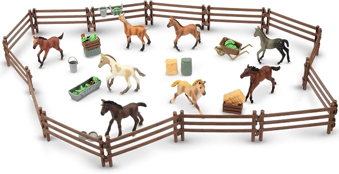 TOYMANY 24PCS Plastic Fence Toys Horse Corral Fencing Accessories Playset | for Farm Barn Paddock Horse Stable or Farm Animals Horses Figurines, Educational Gift Cake Toppers for Kids Toddler