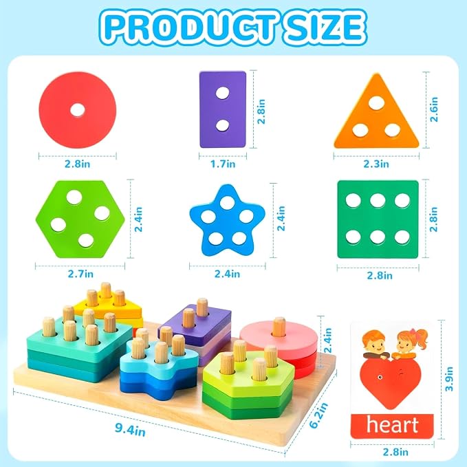 Wooden Sorting & Stacking Toys, Montessori Toys for 1 2 3 Years Old Toddlers, Shape Sorter Puzzles with 24-Piece Large Geometric Blocks & 12 Word Cards, Gift for 12+ Months Baby Boys Girls