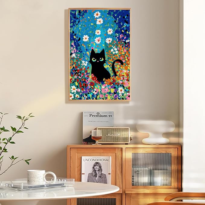 Framed Paint by Numbers Kit for Adults Beginner 8x12 IN, Flowers Cat | Cat Lovers Paint by Numbers with frame, For Adults & Kids Ages 8-12, DIY Acrylic Painting, Stress Relief Home Wall Decor Gift