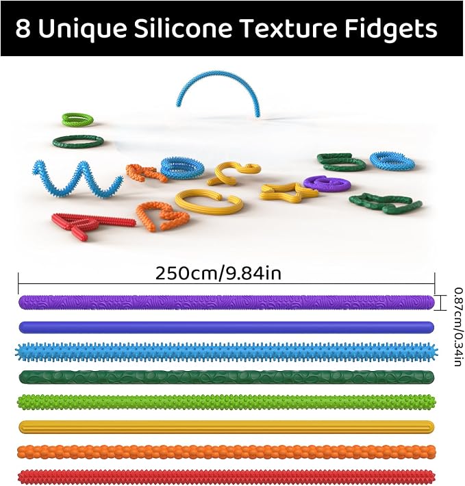 Sensory Fidget Sticks for Kids, Textured Silicone Quiet Toys 8 Pack | Sensory Fidget Sticks for Kids, Flexible Textured Silicone Quiet Desk Toys for Classroom, Travel & Easter Basket Gifts