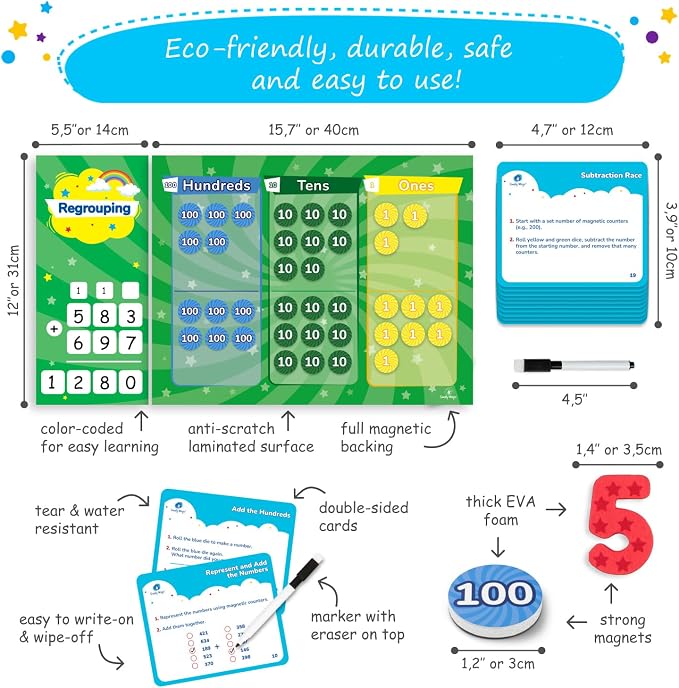 113 PCS Fun Magnetic Regrouping Activities Kit, Place Value - Simply Magic | Place Value Magnets 1st 2nd 3rd 4th Grade, Magnetic Place Value Discs Chips, Magnetic Place Value Chart Mat for Math