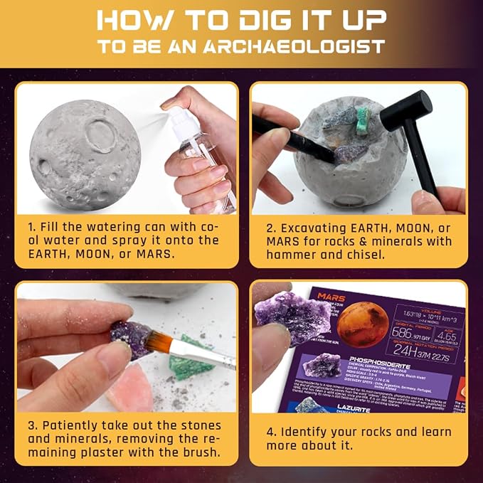 PIBEX Gemstone Dig Kit, Dig up 15 Rocks & Minerals from Earth Moon Mars, Solar System Planets Geology Science Set, Space Rock Mining Toys for Kids, STEM Gift for Boys & Girls Age 6-8-12