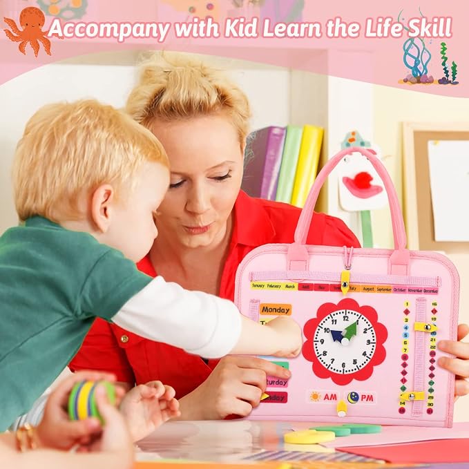8 in 1 Pink Montessori Toys Busy Board - Sensory Activity Book for Kids | Interactive Preschool Busy Book For Fun Basic Motor Skills Educational Toys,Airplane Travel Essentials, Girls Birthday Gift