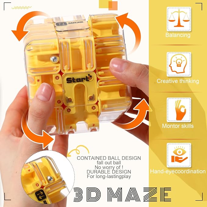1 Sets Large Labyrinth 3D Maze Cube Puzzle Maze Game Gravity 3D Puzzle Cube Brain Teaser Ball Games for Kids Education Sensory Toys Gift for Adults (Classical,Yellow)