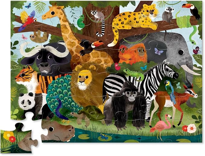 Crocodile Creek 36-Piece Jigsaw Floor Puzzle - Fun Floor Puzzles for Kids Ages 3-5 - Heavy-Duty Shaped Box for Storage - Jungle Friends - 24" W x 18" H Finished