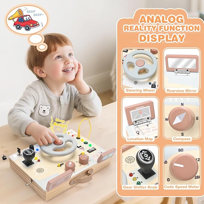 Joyreal Montessori Toddler Busy Board - Montessori Toys for 1 2 3 Years Old | Wooden Sensory Board with LED Lights, Steering Wheel, Music Player, Travel Toys for 1+ Year Old Boy & Girl Birthday Gift