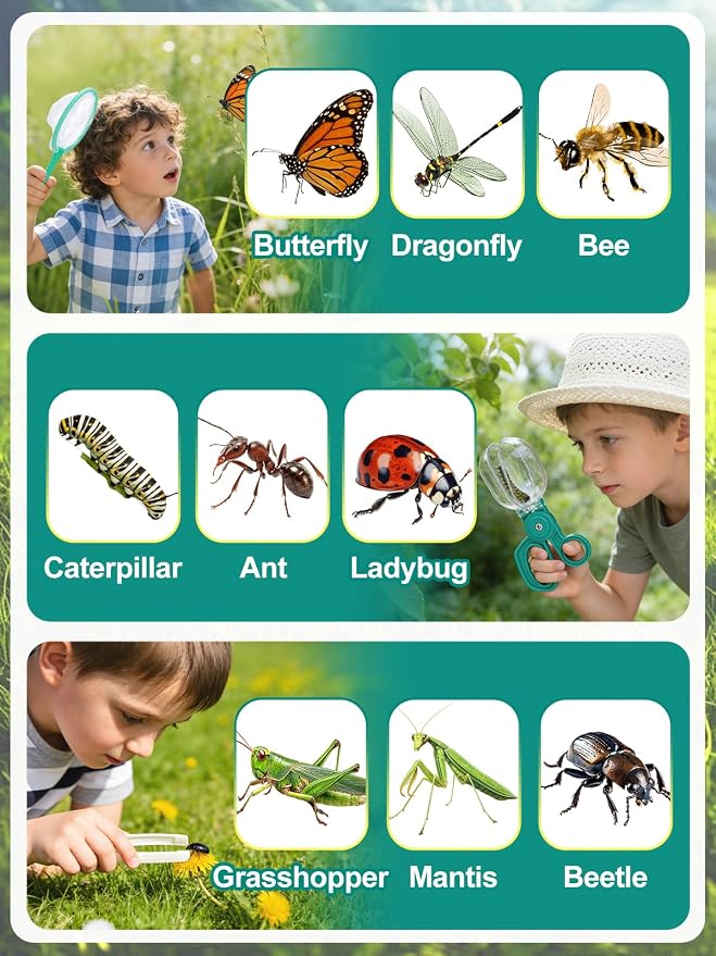 2 Sets Bug Catcher for Kids, Bug Catching Kit Gifts with Butterfly Net Toys | Built-in Magnifying Glass Bugs Box, Kids Camping Toys Bugs Collection Outdoor Explorer Kit for Age 3 4 5 6 7 8, Pink & Blue