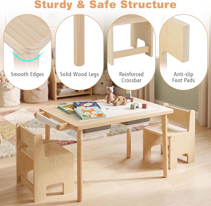 HONEY JOY Sensory Table and Chair Set, Wooden Sand & Water Activity Set w/Adjustable Height, Dual Sided Top, 2 Bins, Paper Roll & 2 Hooks for Art, Study, Craft, Gift for Boys Girls 3+