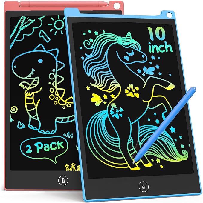 TECJOE 10 Inch 2 Pack LCD Writing Tablet for Kids, Mess Free Drawing Tablet | Colorful Drawing Pad, Travel Road Trips Essential, Quiet Time, Learning Toys Birthday Gifts for Boys Girls Ages 3-8