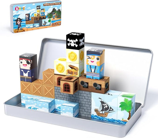 Bmag Magnetic Building Blocks Pirate-Themed Set 35 Pcs, Designed for STEM Education and Group Activity for Kids Aged 3+, Packaged with Storage Box as Gifts for Boys and Girls