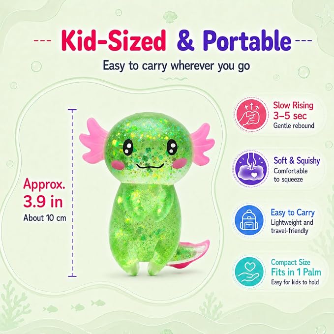 Axolotl Squishy Stress Ball, Soft TPR Slow Rising Squeeze Toy, Cute Axolotl Fidget Toy for Stress Relief, Anxiety Calming Sensory Toy for Kids Adults(Green Long Tail Axolotl)