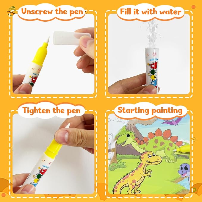 Bresdim Water Coloring Book, 4 Pack Water Painting Books for Toddlers 1-3 | Reusable Fairy Tale Animal Mess Free Coloring Book with Water Pen, Magic Paint with Water Book Travel Toy for Kid 3–6