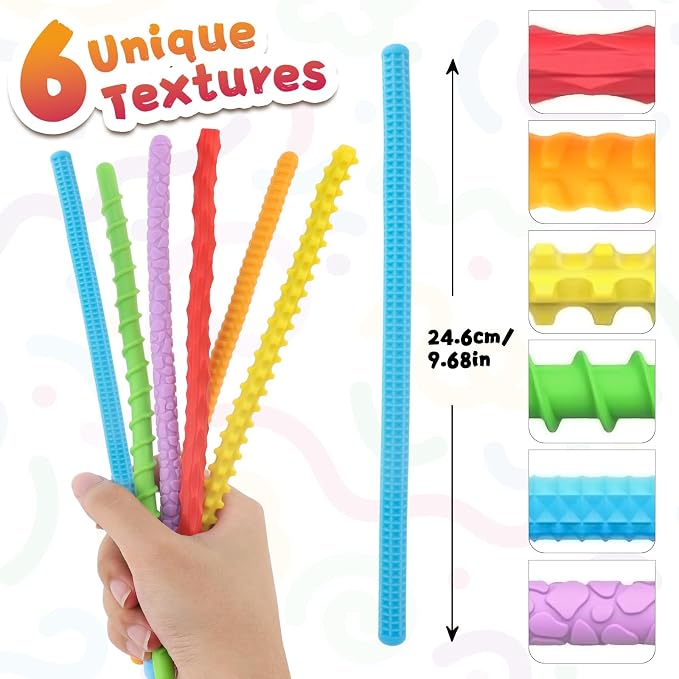 Fidget Toys for Kids 3+, Textured Silicone Sensory Sticks, 6 Pack | Sensory Toys for Anxiety Relief, Autism Toys for Toddlers with Autism, Travel Toys for Kids 3+ & Adults