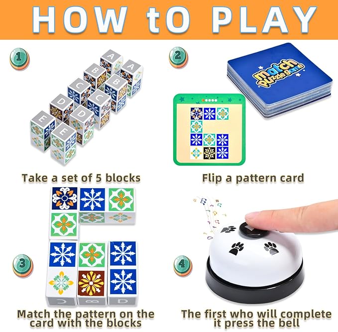 varbertos Wooden Matching Game Puzzle Games, Pattern Block Match Puzzles Building Cubes with Bell for Kids and Adults Toys Board Games for Family Night
