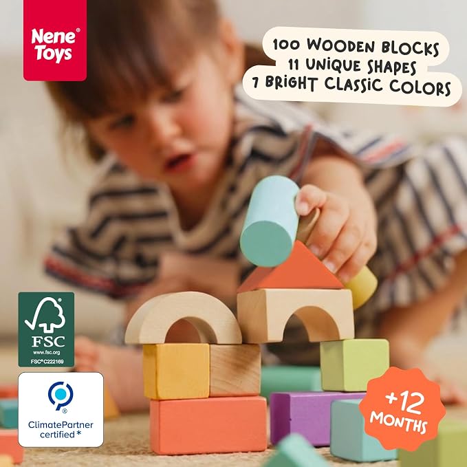 Nene Toys 100-Piece Wooden Building Blocks for Toddlers 1-3 - Bright Colorful Montessori Stacking & Sorting Toy - 11 Shapes, Vibrant Colors - FSC-Certified Wood Gift for Boys & Girls 1-4