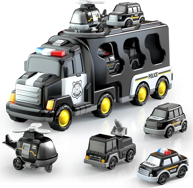 Beby Buty 5 in 1 Police Trucks Cars Toys for Toddlers 3-5, Boy Toddler Car Truck Toys with Light Sound, Birthday Gifts Toys for 3 4 5 6 Year Old Boy, Transport Carrier Truck for Toddlers 3-5 Years
