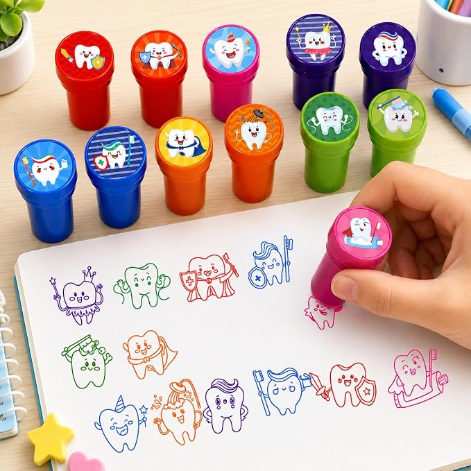 Cinrobiye 24 Pcs Teeth Stampers Party Favor Set, Cute Dental Health Stamps for Kids Birthday Party, Classroom Rewards, Educational Learning Toys, Goody Bag Fillers, Dental Care Party Supplies