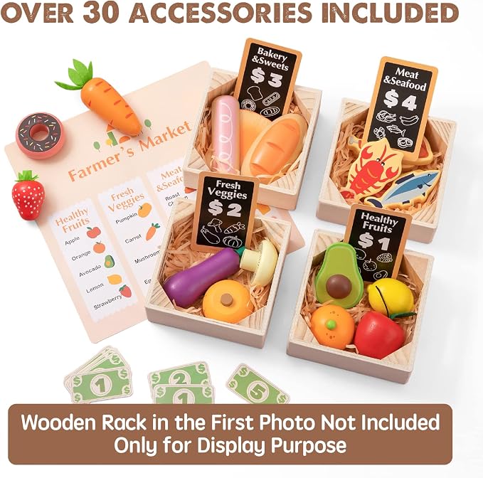 Tiny Land 43 Pieces Wooden Play Food Sets for Kids Kitchen | 100% Wood Kids Toy Food for Toddlers 3+ Year Old, Pretend Food Play Kitchen Accessories Set for Boys and Girls