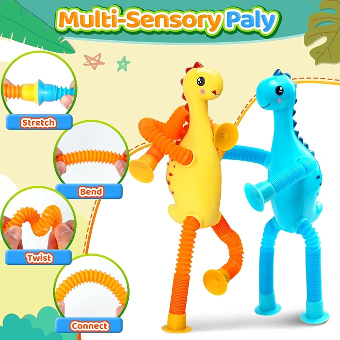 4Pcs Dinosaur Airplane Travel Car Ride Toys for Toddlers Kids Boys Girls Sensory Suction Cup Tube ADHD Autism Road Trip Car Activities Essential Stocking Easter Basket Stuffer Valentines Gift