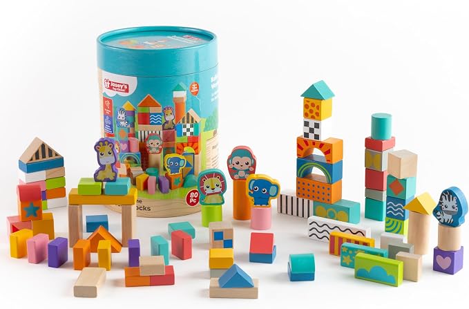 Jasey's Toy Chest Build & Imagine Wooden Blocks | 80-Piece Educational Building Set with Animal & Shape Blocks | Toddlers Ages 12+ Months