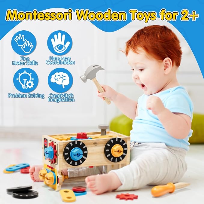 Lehoo Castle Montessori Kids Tool Set, Wooden Toddler Tool Set for Ages 2-4 | STEM Pretend Play Tool Box, Construction Toddler Tool Bench, Educational Learning Toys for 2 3 4 Year Old Boys Birthday Girls
