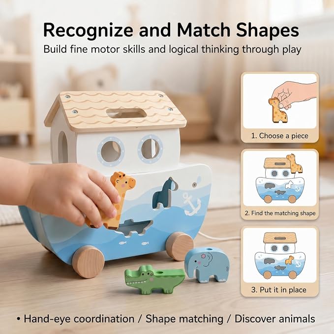 Wooden Noah’s Ark Toy for Toddlers 1-3, Montessori Animal Shape Sorter with 8 Pairs of Animals, Noah Figures, Rainbow, Ladder and Lacing Rope, Baptism Gift for Boys