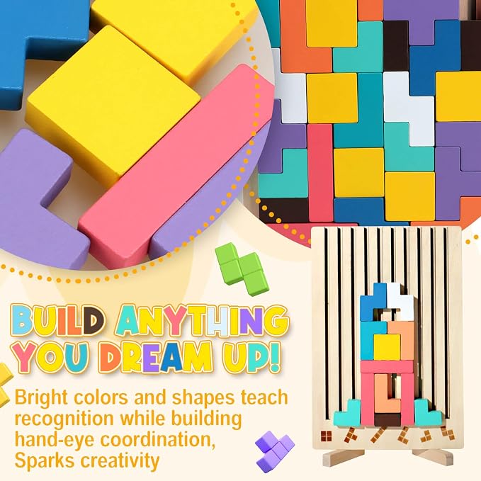 JONEG Games for 3+ Year Olds Kids- Wooden Stacking Puzzles - Brain Teasers 3D Russian Blocks Board - STEM Montessori Toys for Ages 3 4 5 6 7 10 - Gift for Toddlers Classroom Travel