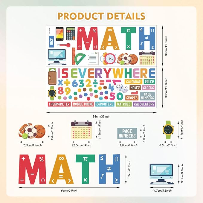 LHIUEM Math Learning Peel and Stick Wall Decals 33”X24” Educational Classroom Wall Stickers Colorful Math Symbols Wall Decals Removable Self Adhesive Renter Friendly Mural for Elementary Classroom