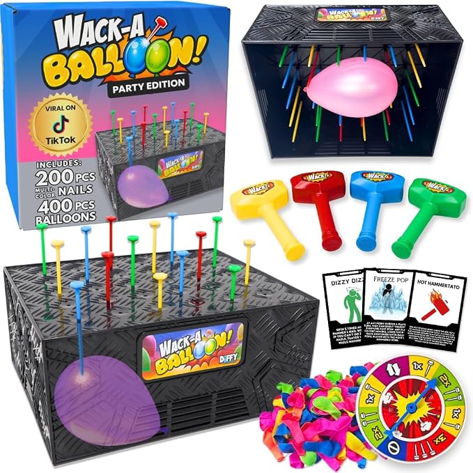 Wack A Balloon Party Edition Pop Game for Kids & Adults, Family Fun | 400 balloons, 200 nails, 4 hammers, 28 challenge cards, spinner, inflator, reusable ties, ages 4+