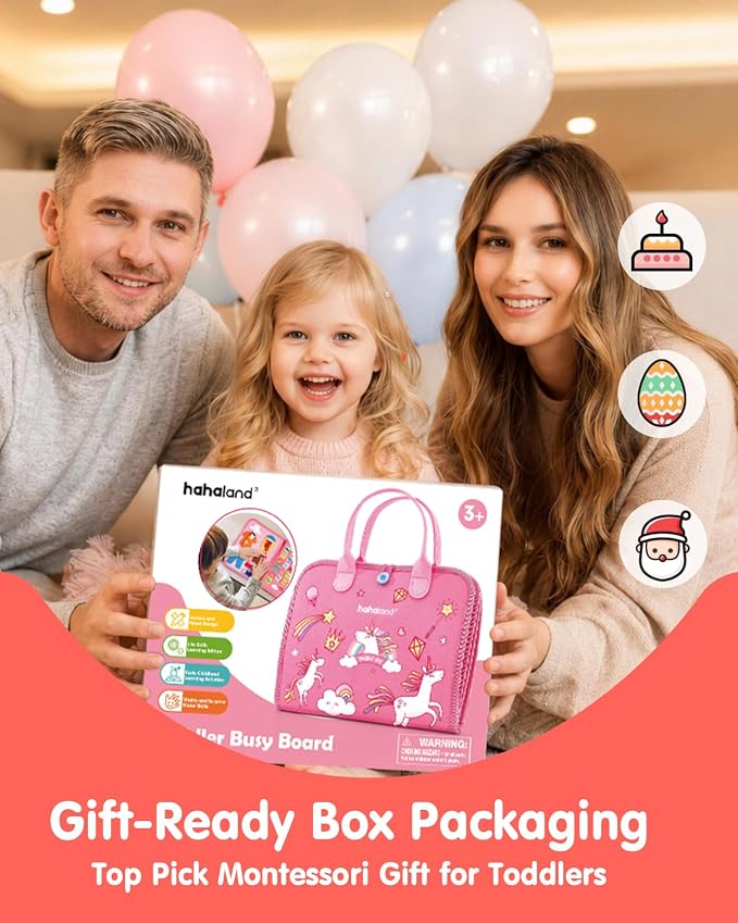 hahaland Busy Board Montessori Toys Busy Book Toddler Girl Gifts Travel Toy | Toddlers Educational Learning Toys with Life Skills, Alphabet, Number, Shape, Color, Weather, Detachable Pages for Car Ride