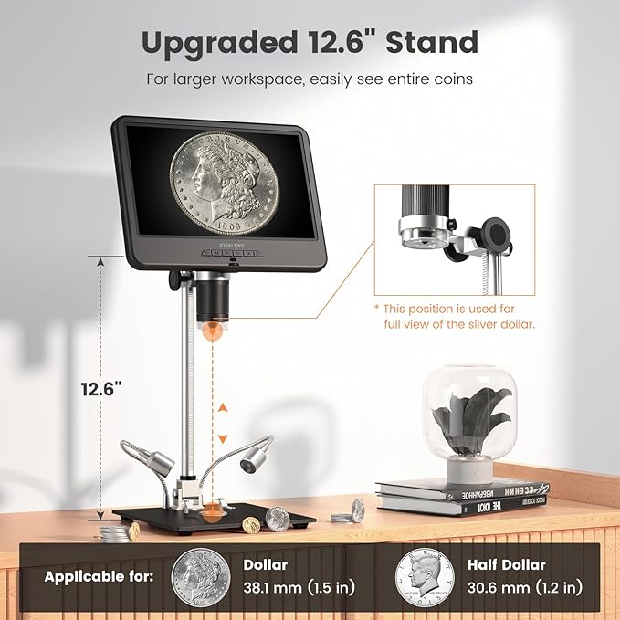 JL210 10.1'' Digital Microscope Coin Magnifier for Adults | Full View for Silver Coins, Soldering Microscopes Camera for Electronics, 8 LED, 12.6" Metal Stand, PC View, 32GB