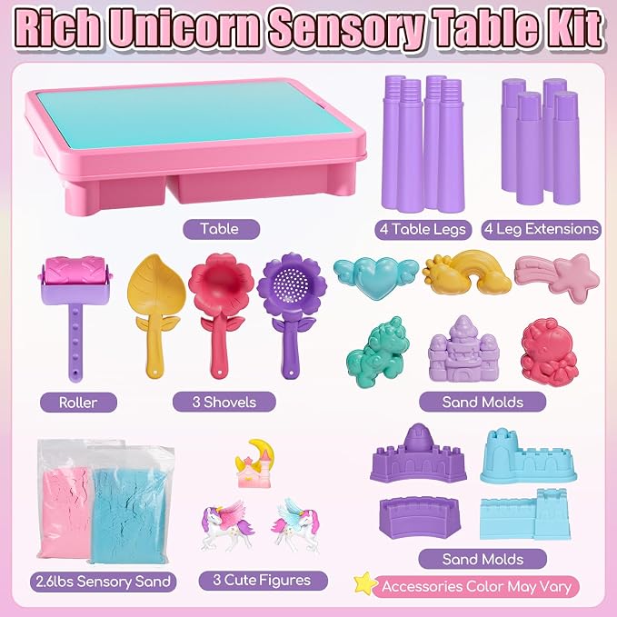 Lehoo Castle Unicorn Sensory Table with Sand 2.6Lbs, Sand Table with Lid | Sensory Activity Table with Adjustable Legs, Red & Blue Play Sand, Indoor & Outdoor Use, Preschool Learning Gifts for Toddler