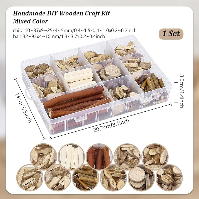 PH PandaHall Wooden Unfinished Craft Kits, Handmade DIY Wood Stakes Kits Natural Wood Slices Loose Part Play DIY Tiny Wood Pieces Kit for Craft Painting Dollhouse Sorting Activities School Projects