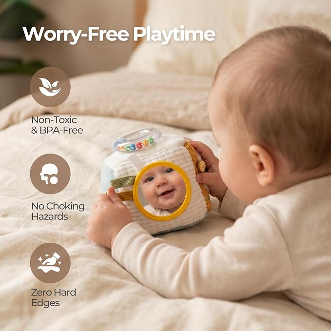 let's make Farm Baby Sensory Cube for Infants 0-12 Months — Soft Activity Block with Bead Rattle & Baby-Safe Mirror | Tummy Time Toy Gift for Boys Girls, Machine Washable