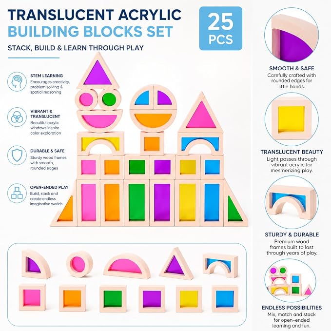 Rainbow Acrylic Blocks, 25 PCS Translucent Light Table Building Set | Montessori Sensory Toys Translucent Colorful Stacking Blocks STEM Learning Educational Toys for Toddlers Preschool Boys Girls