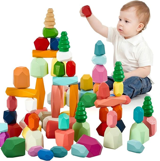 MEGRANATE 58PCS Montessori Wooden Stacking Rocks Toys Colorful Stacking Stones Building Blocks Games Sensory Toy for Kids Educational Learning Toys for 3+ Years Old Kids