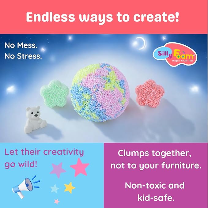 Silly Foam, Creative Modeling Foam Beads, 2-Pack of 6 Neon Pastel Colors, Perfect for Preschool and Kids, Arts & Crafts, Sensory Play, STEM, Travel Toy, Easter Basket Stuffers, Non-Toxic (Age 3+)