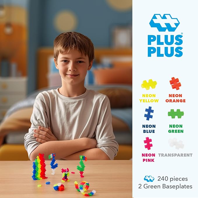 PLUS PLUS 240 Piece Neon Mix Tube & Baseplate - Waffle Blocks Stem Toy | Sensory Bin Fillers, Gifts for Boys & Girls, Classroom Must Haves, Christmas Stocking Stuffers for Kids, Math Manipulatives