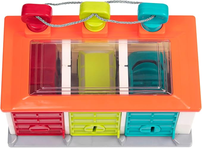 Battat 3-Car Garage, Color Sorting Push-and-Go Playset, Toddler | playset with matching keys, transparent roof, take-along handle, color and shape matching, Toddler, 2+ Years